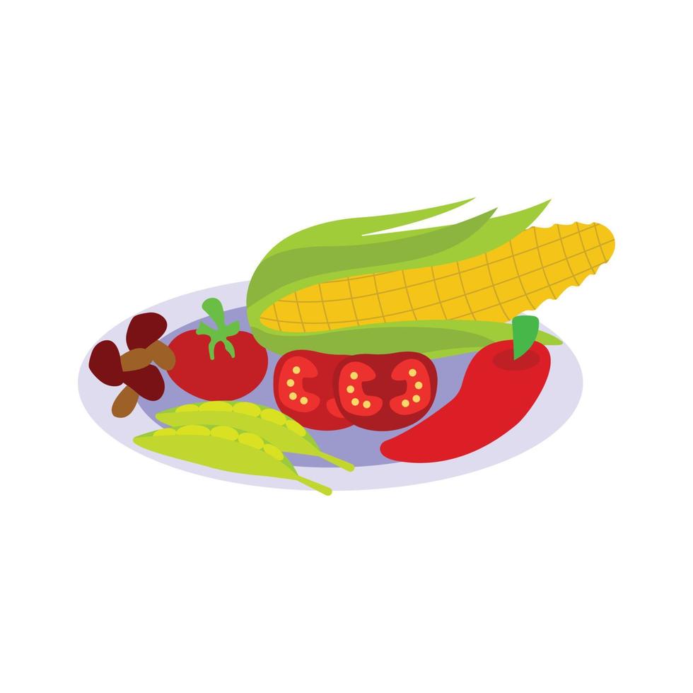 on a blue plate, a vector illustration of various vegetables and fruits