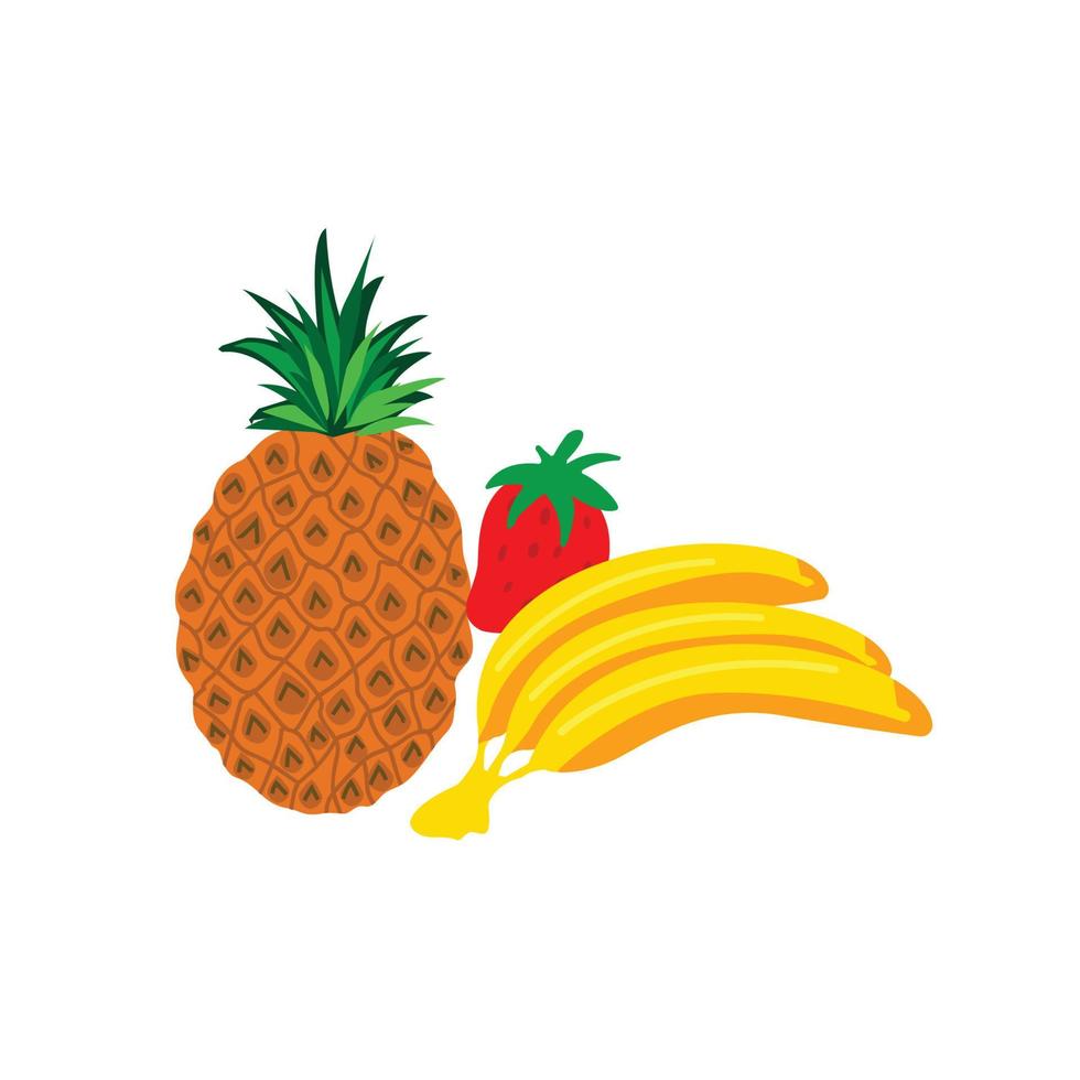 Strawberries, bananas, and pineapples in a simple vector set
