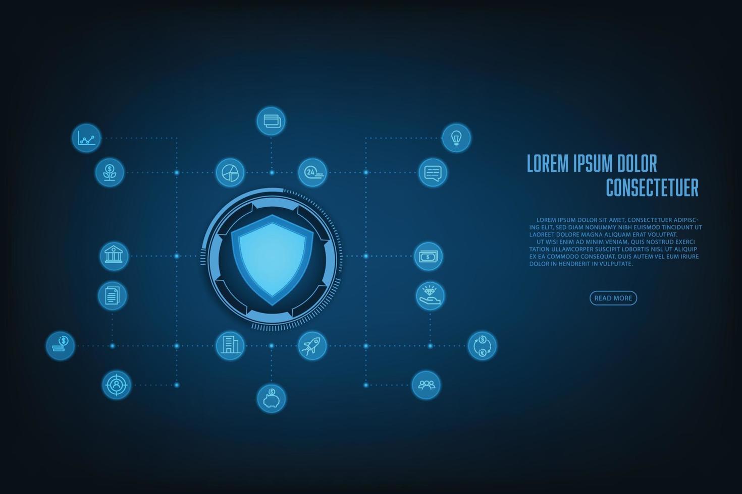 Vector abstract technology cyber security online banking concept. Shield and circuit on blue background.