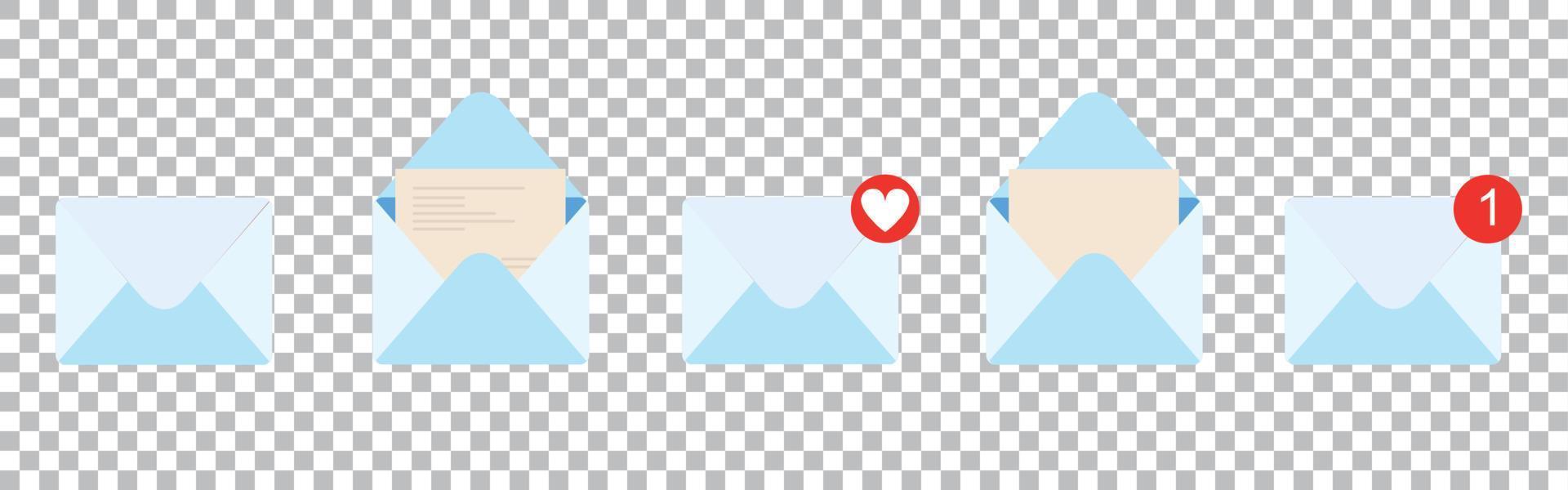 Letter envelope with paper document vector illustration. Closed, open with a message e-mail envelopes. Set mailbox vector icons in flat style.