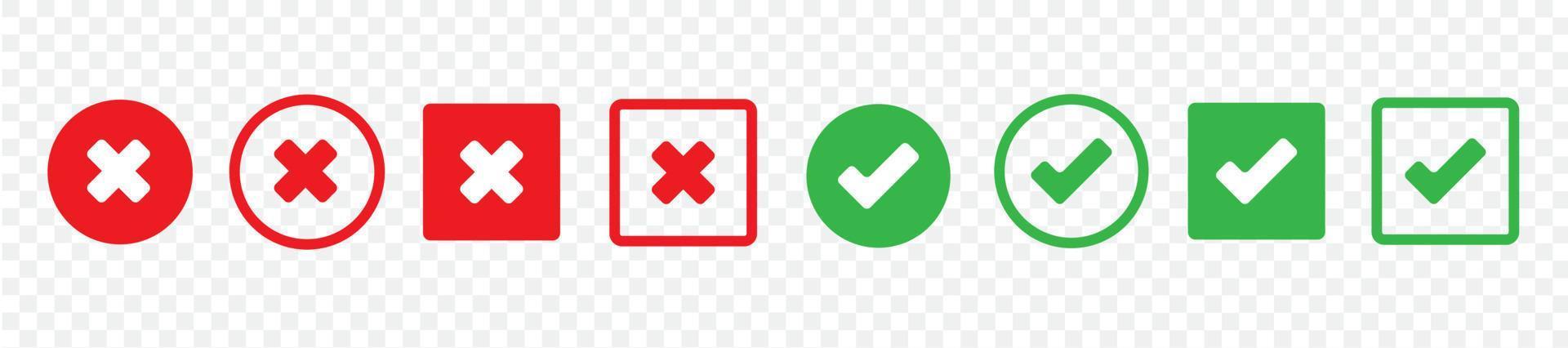 Set green check marks and red crosses of simple web buttons. Circle and square. Large collection of flat buttons. Vector