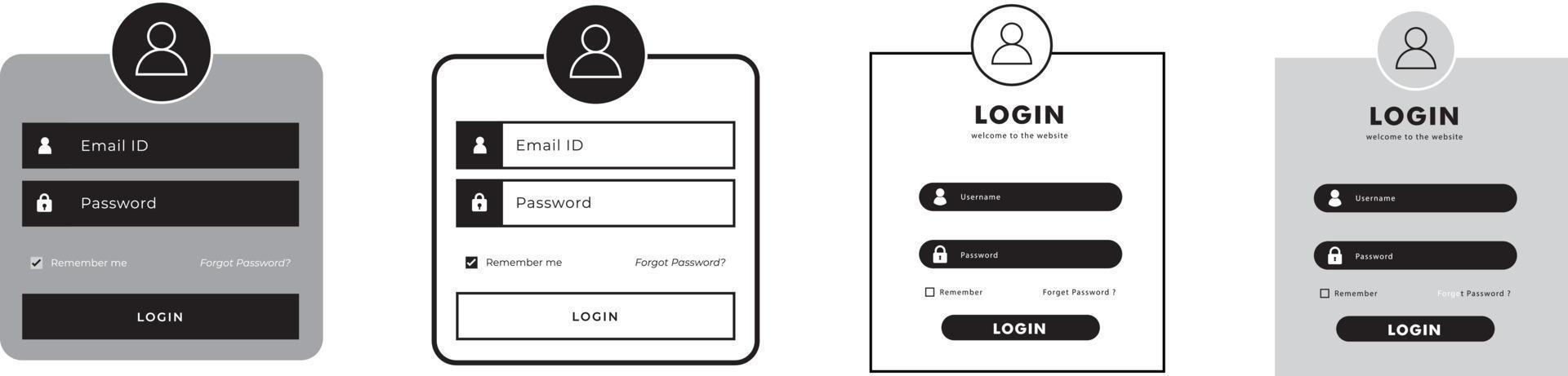 Dark grey Login form web page design template or mock up. Mobile website ui vector elements set.