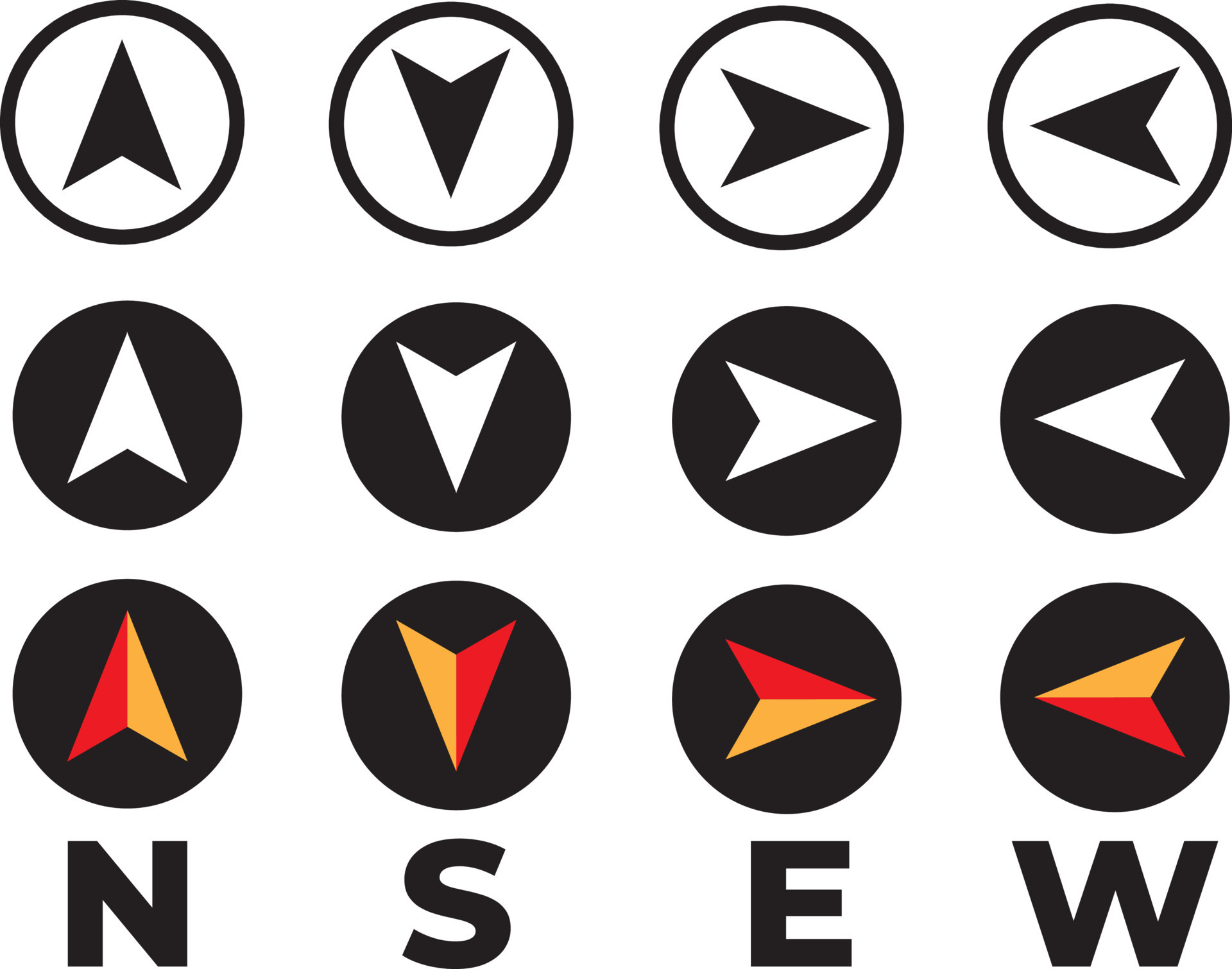 Vector compass icons of north, south, east and west direction. Map