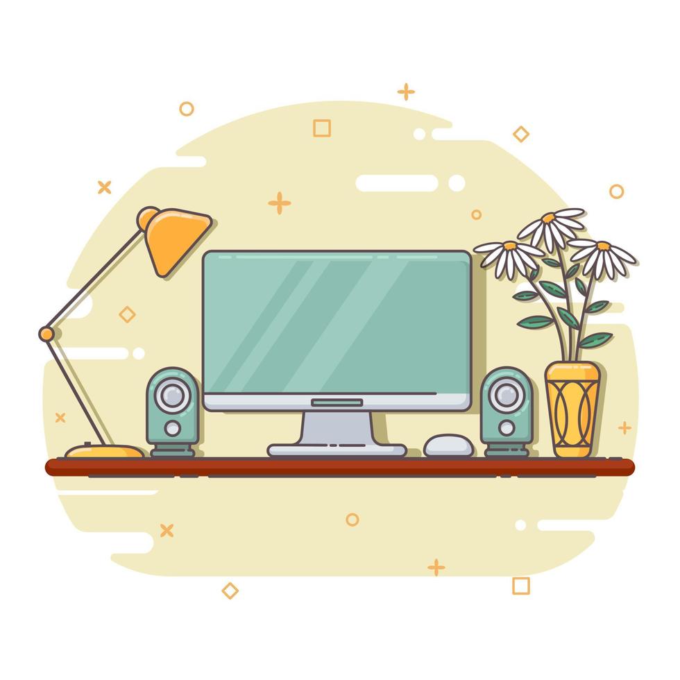 Flat illustration of a cozy workplace with a laptop, a flower in a vase, a lamp and a cup of hot drink. Vector illustration. EPS10