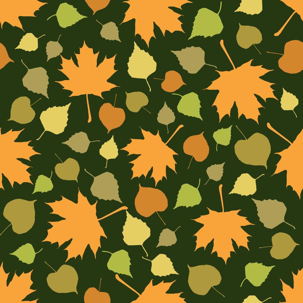 patrón sin costuras de hojas de otoño aisladas en un fondo verde. estilo plano de dibujos animados simples. ilustración vectorial vector