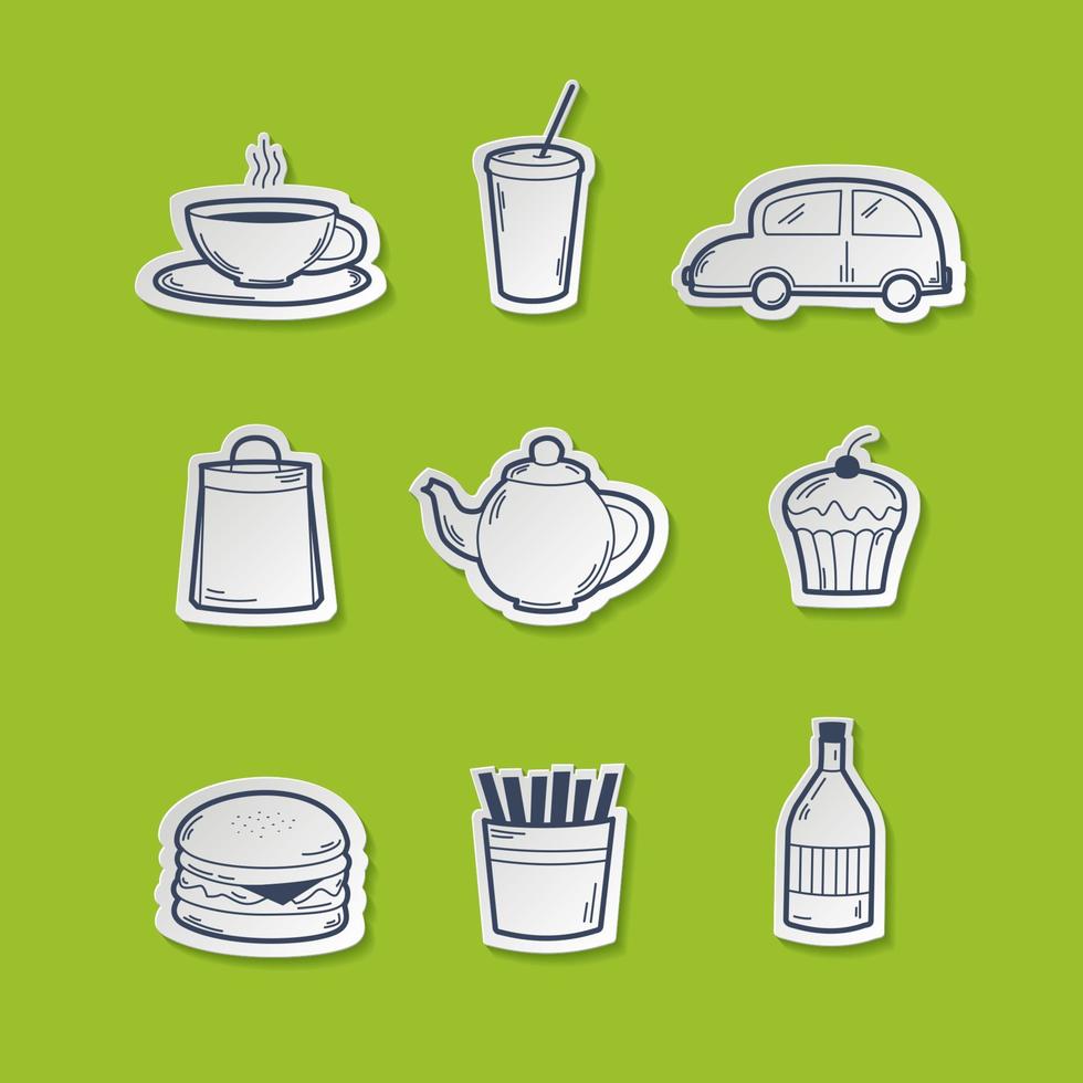 Fast food icons set on a green background. Vector Illustration in paper cut style.