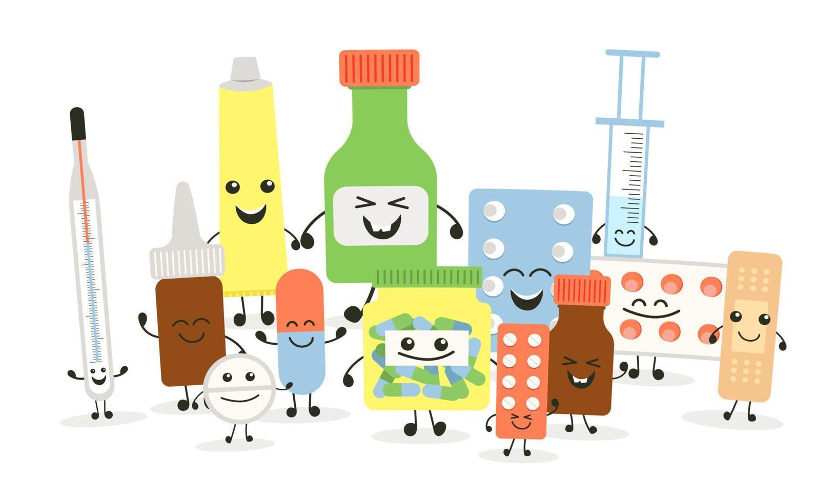 Funny medicine pills character set. Humor medical emoticons pills collection. Cartoon work emoji character health care pharmacy. Happy face pills mascot icon tablet. Isolated hospital concept symbol vector