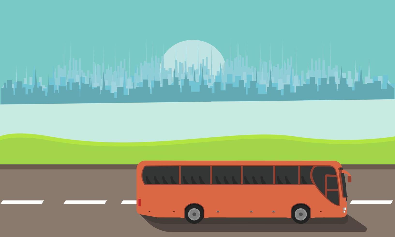 Tourist express bus rides on the road against the backdrop of the cityscape concept vector flat illustration design banner