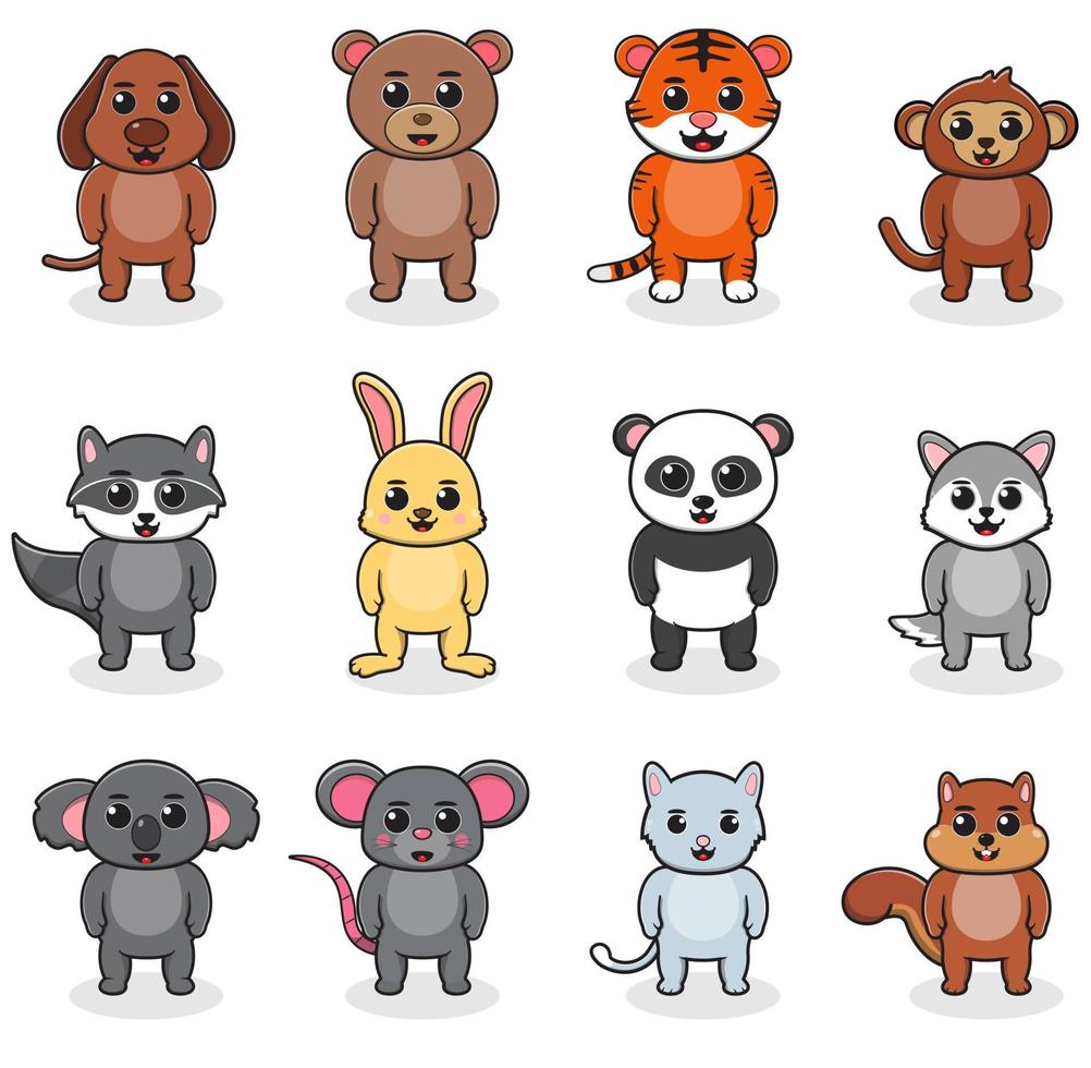 Vector illustration of animal. Dog, Bear, Tiger, Monkey, Raccoon, Rabbit,  Panda, Wolf, Koala, Mouse, Cat and Squirrel. Cute forest animals. Cartoon  character design collection 10879778 Vector Art at Vecteezy