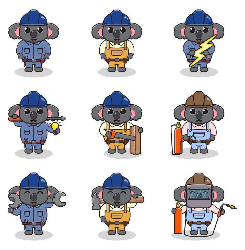 ilustración vectorial de dibujos animados de construcción, constructor, electricista, soldador y manitas de koala. lindos trabajadores de ingenieros de koala, personajes de constructores aislados ilustración de dibujos animados. vector