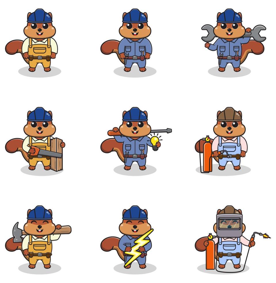 Vector illustration of Squirrel Construction, builder, electrician, welder and handymen cartoon. Cute Squirrel engineers workers, builders characters isolated cartoon illustration.