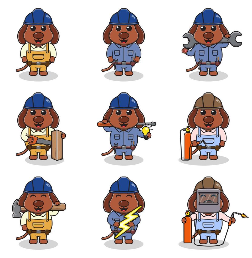 Vector illustration of Dog Construction, builder, electrician, welder and handymen cartoon. Cute Dog engineers workers, builders characters isolated cartoon illustration.