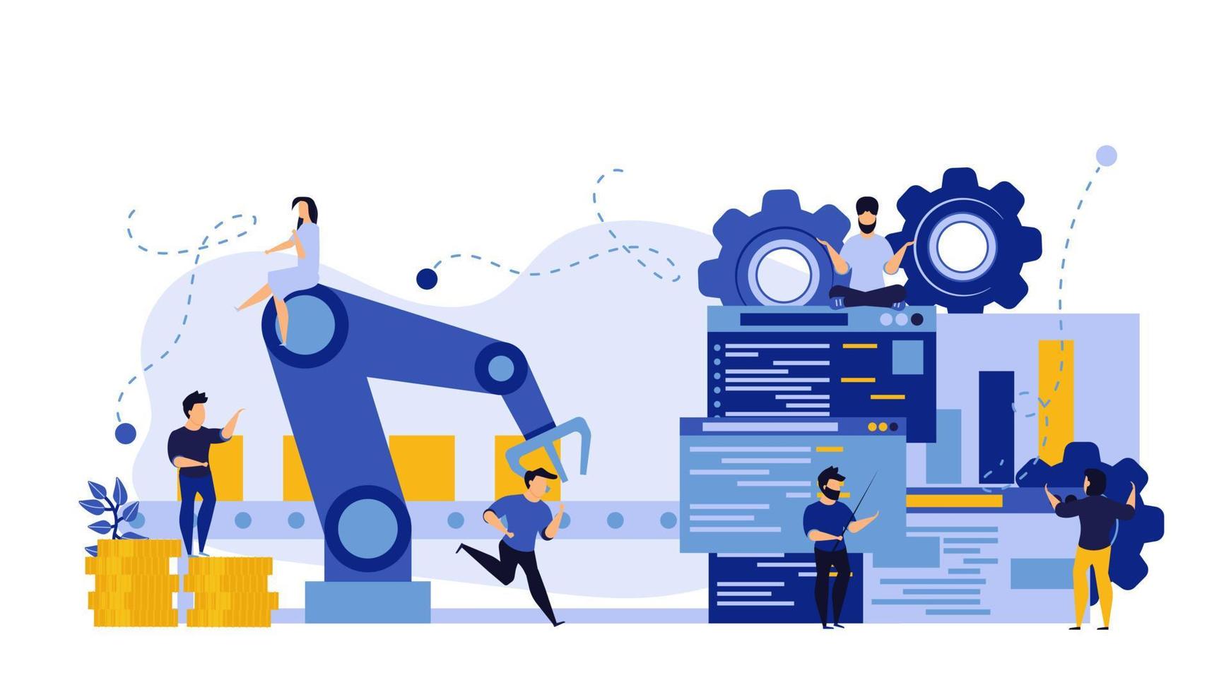 vector negocio industria robot fábrica concepto ilustración futuro proceso de producción con gráfico infográfico y personas. línea transportadora de máquina de tecnología de revolución inteligente. bienes de control del sistema robótico