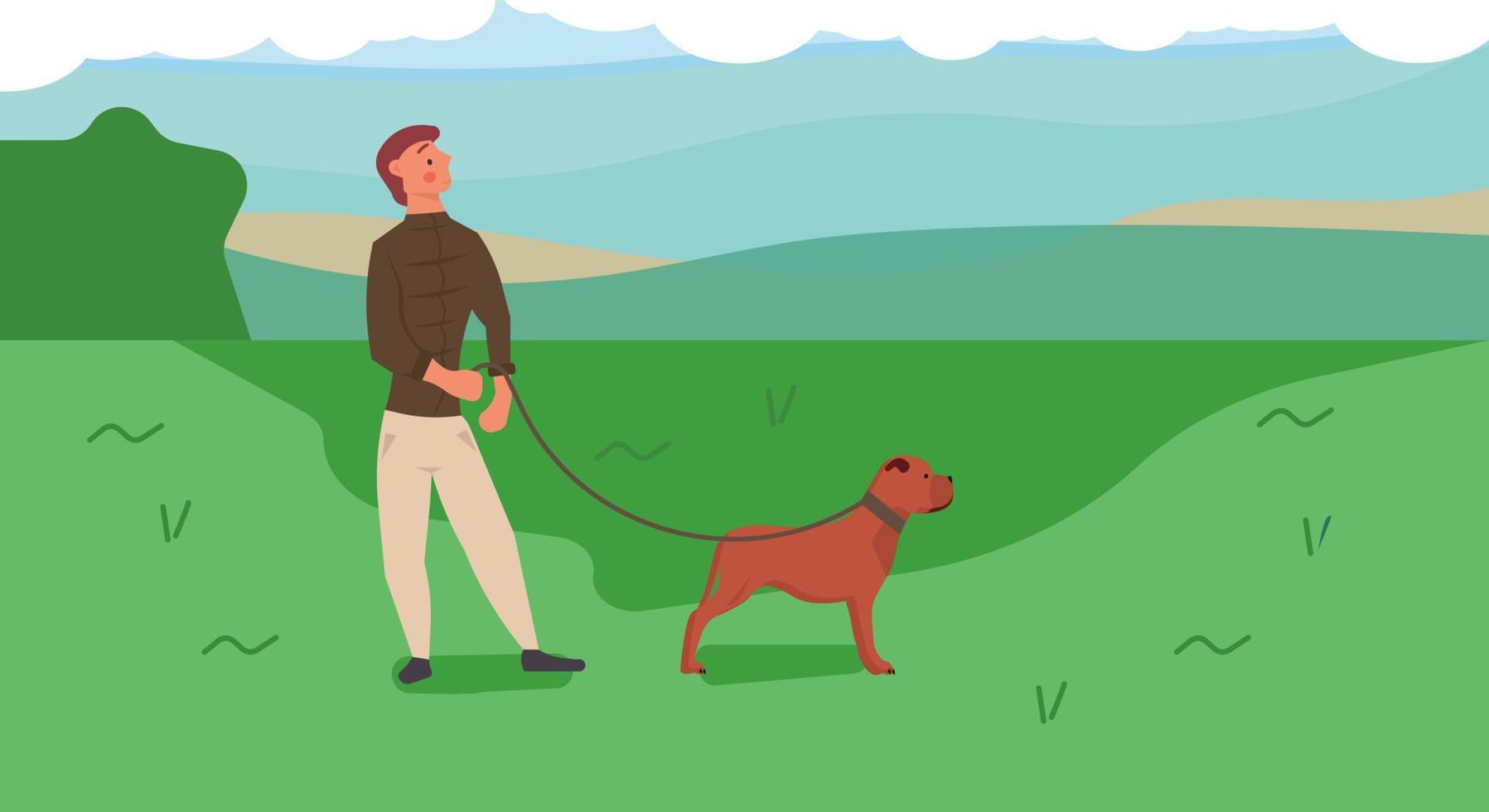 Man walking in park with dog vector illustration. Outdoor cartoon activity with animal pet. Happy cute friend play in grass. Human relax leisure nature background. Friendship family concept