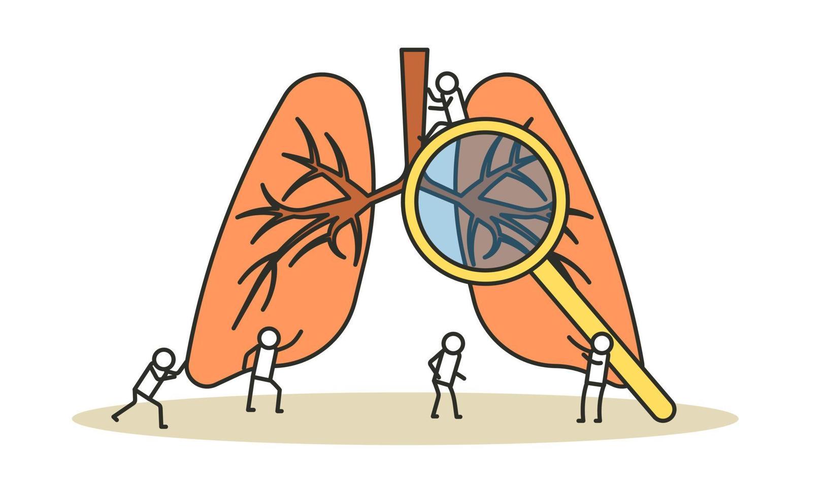 Man with pill and woman with magnifier treat lungs of people vector illustration