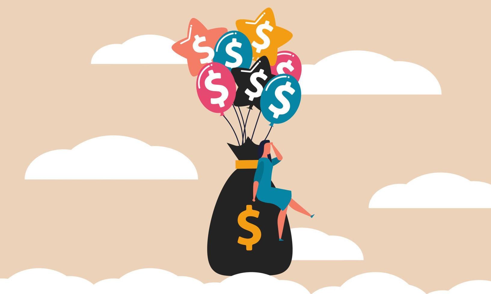 Business dividends are the currency of investors. Woman flies on a bag of money in balloons vector illustration. Increase the budget and capital business with investments. Cash and wealth people