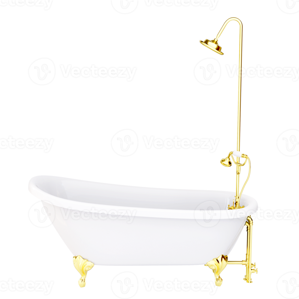 3d Sanitary bathtub with gold shower isolated on a white background, Decoration Design for bathroom png