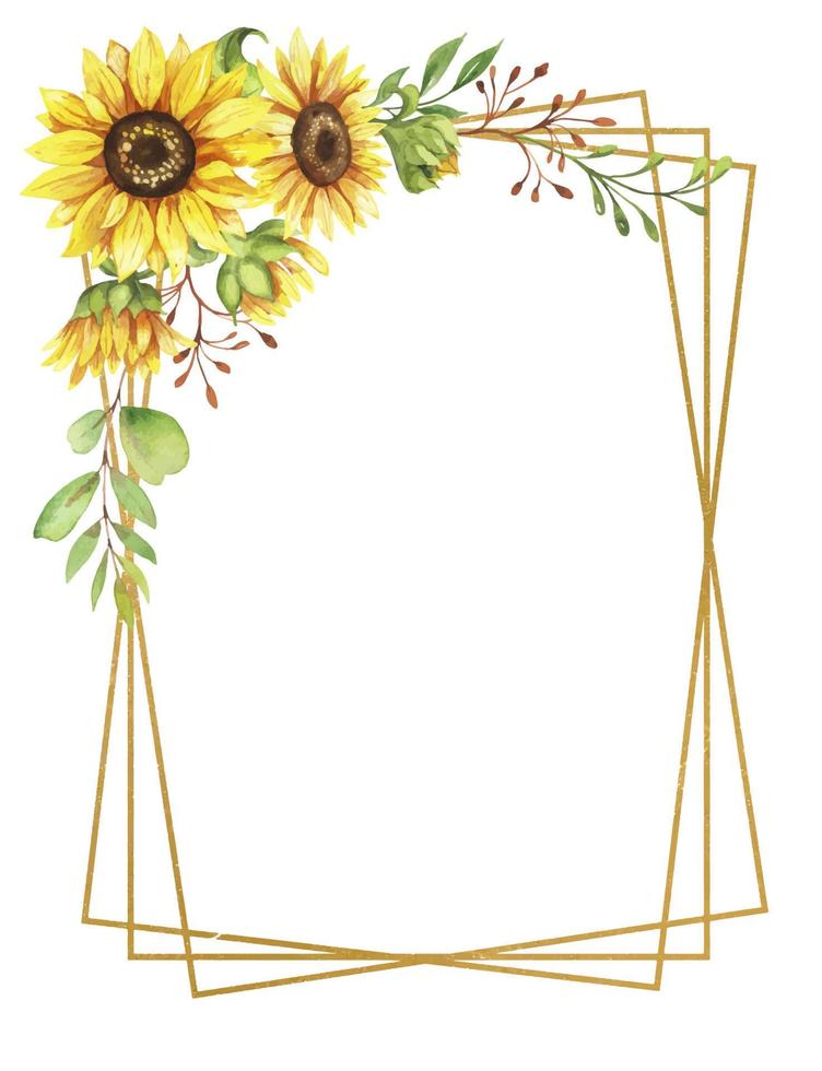 golden frame with sunflower flowers, watercolor illustration vector
