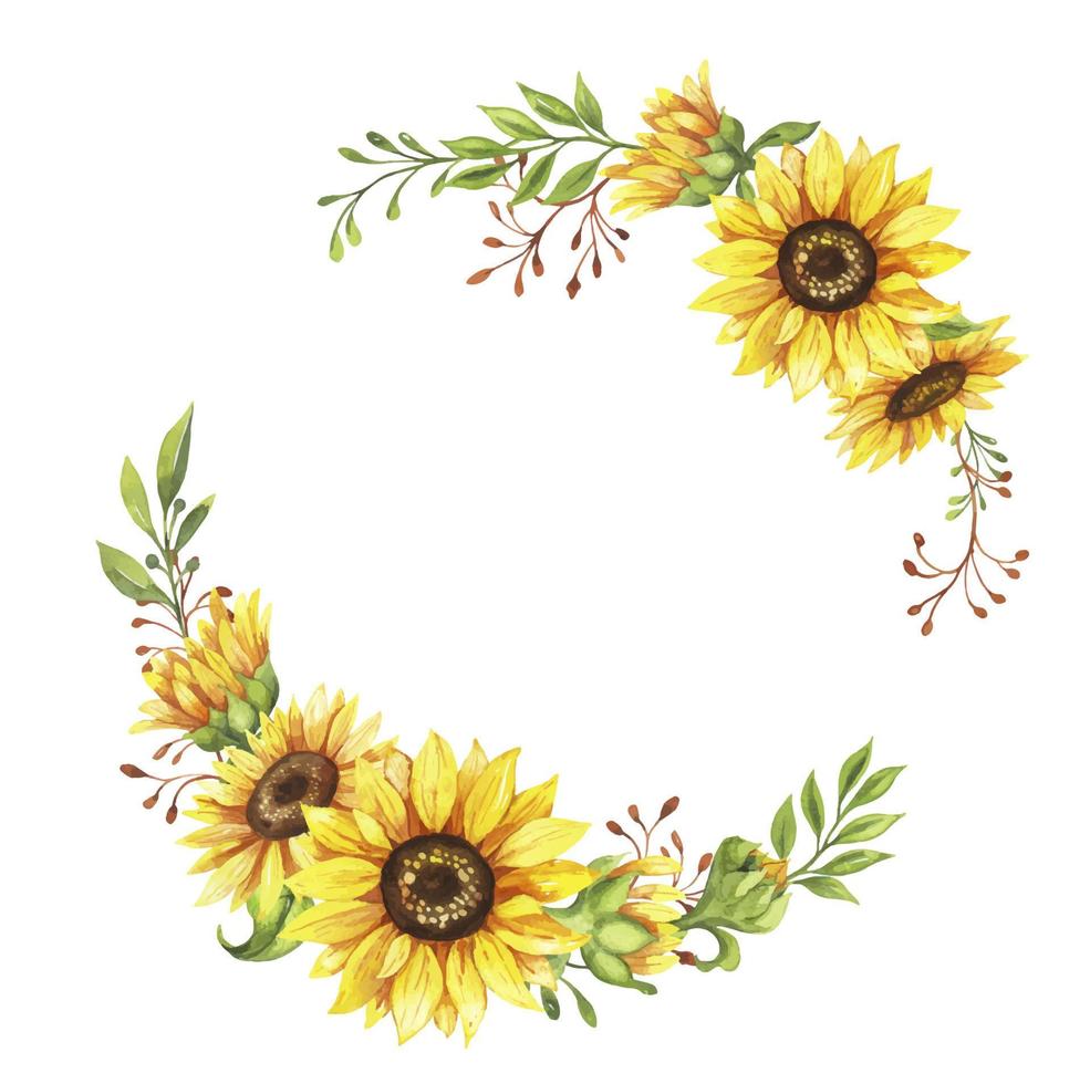 corona de girasol, marco redondo dorado de flores amarillas, ilustración acuarela pintada a mano en el fondo blanco vector