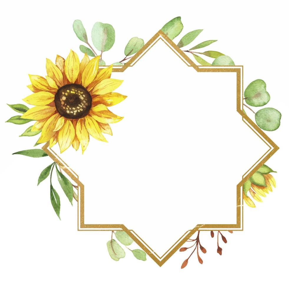 golden frame with sunflower flowers, watercolor illustration vector