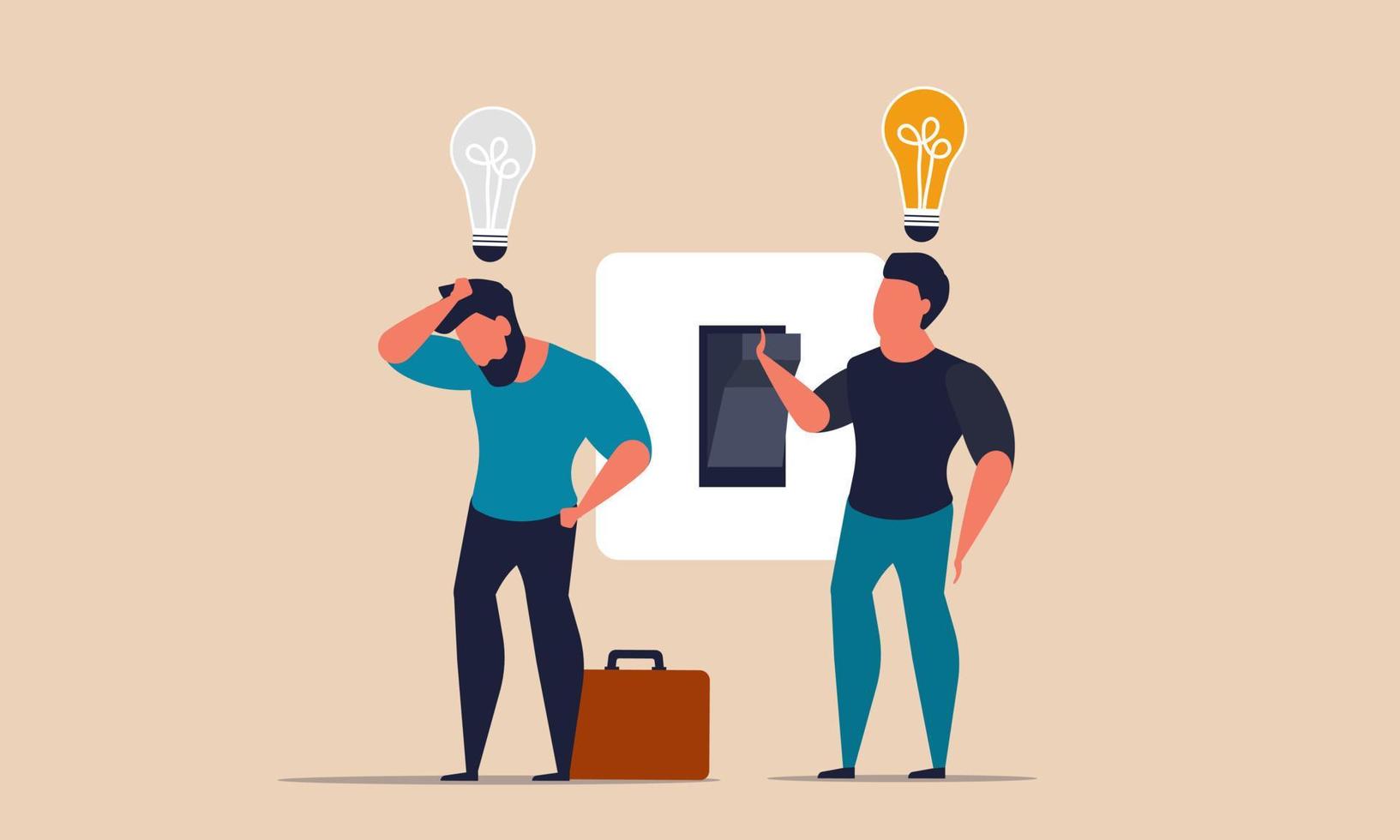 Switch business and light bulb solution success. Innovation brainstorm and light lamp control vector illustration concept. Imagination businessman and discovery idea connection vision technology