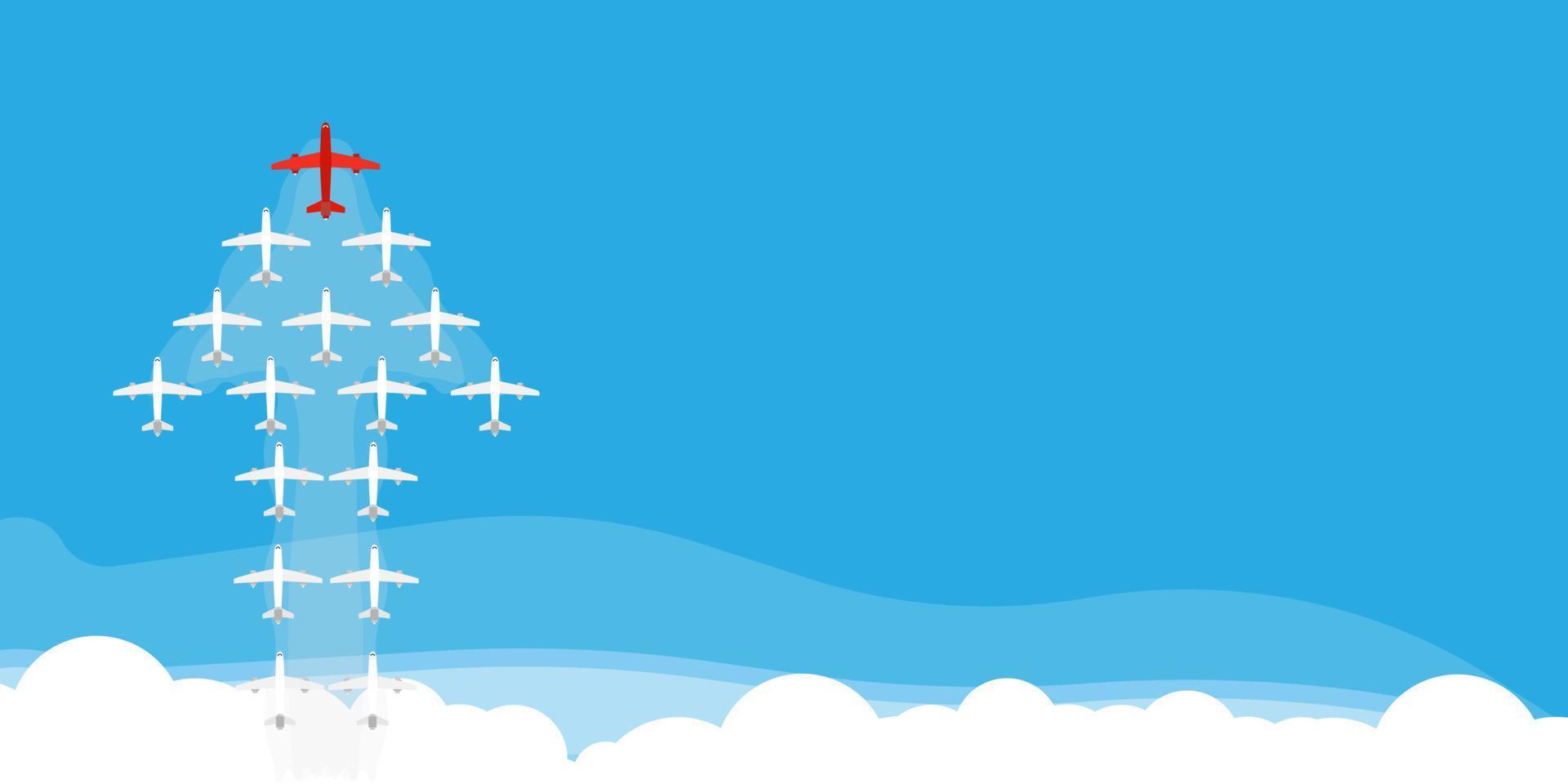 avión en forma flecha ilustración fondo vector concepto creativo. nube avion azul negocio trabajo en equipo direccion rojo leader. liderazgo seguir visión idea