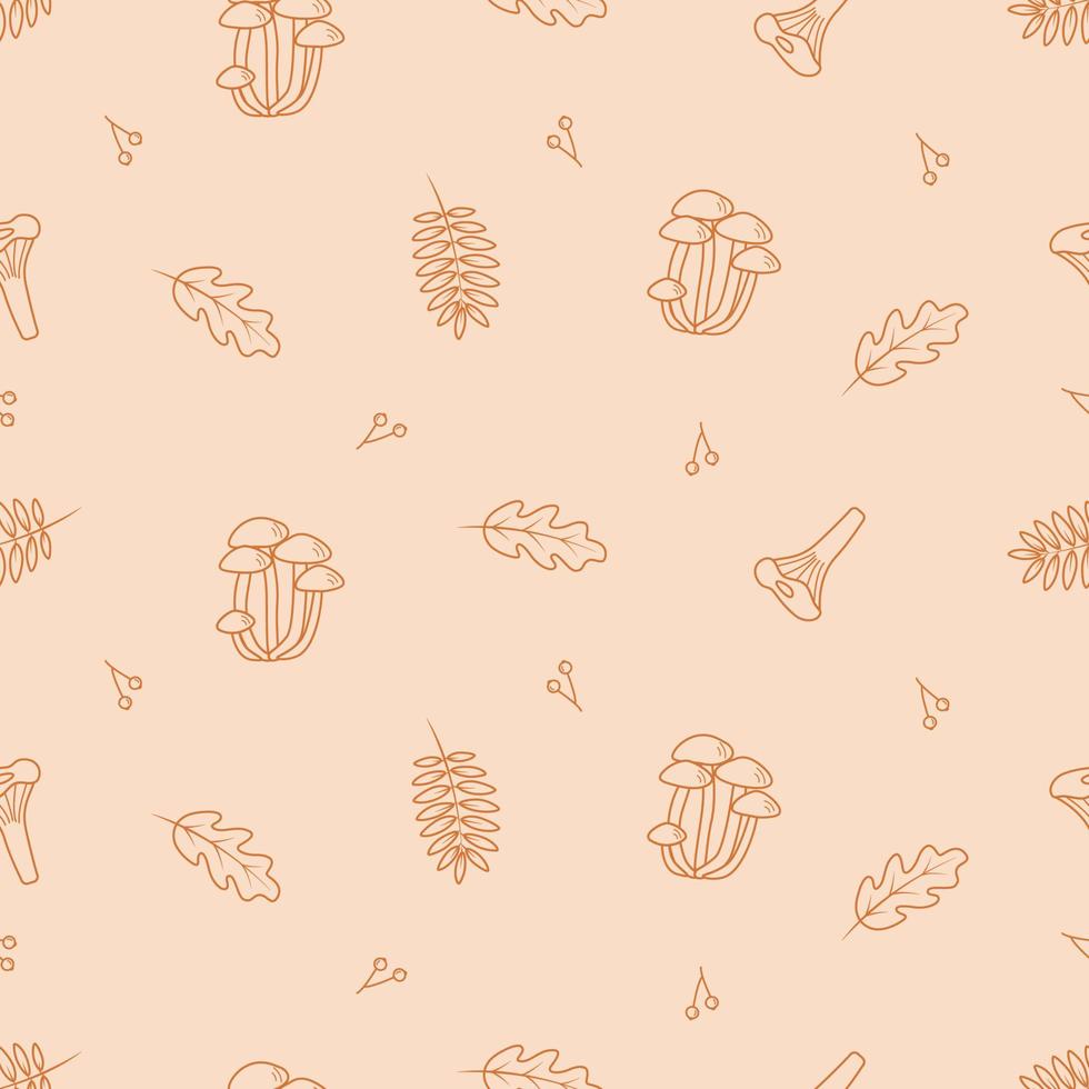 Seamless pattern Doodle set of tree leaves and mushrooms, autumn concept, vector illustration.