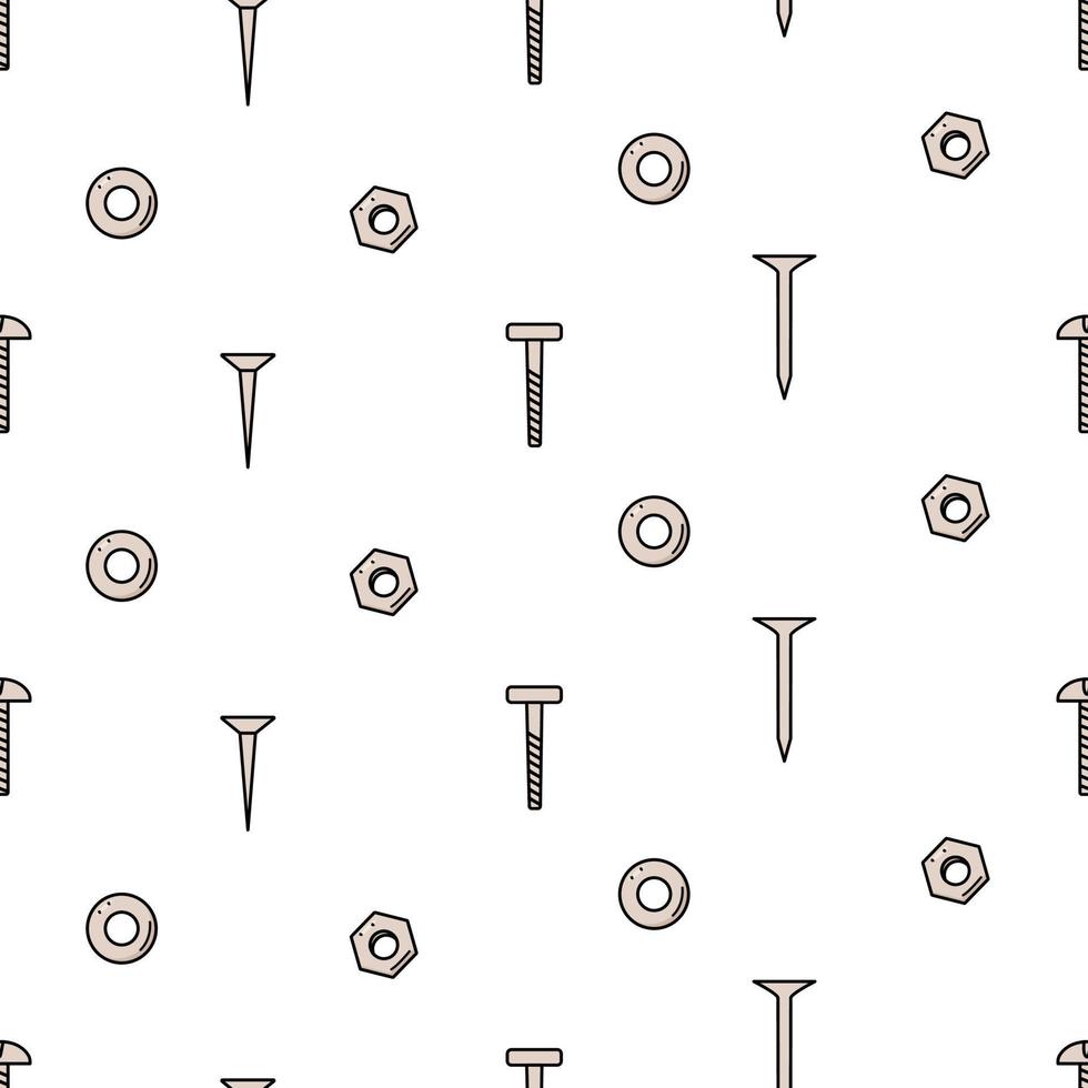 Seamless pattern nails screws and nuts washers, vector doodle set of building elements