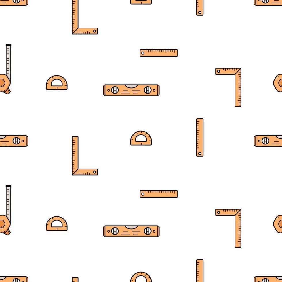 Seamless pattern Construction level, ruler, roulette centimeter. Doodle set of measuring tools, vector illustration