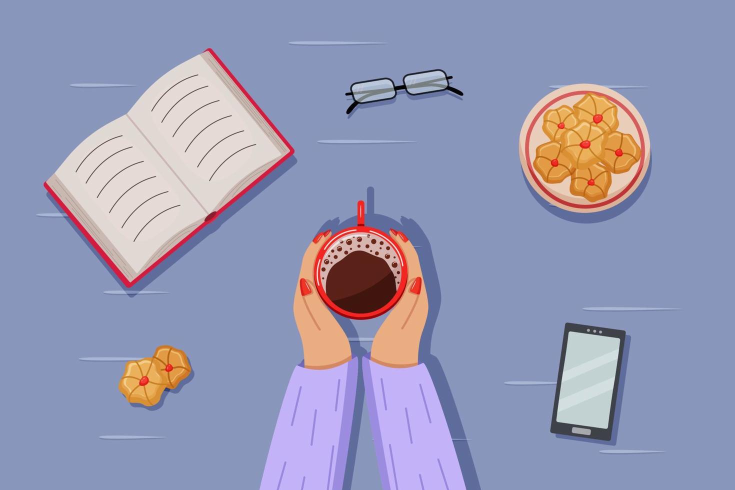 flatlay background, female hands holding a cup of hot chocolate, cookies, glasses and smart phone. Vector illustration