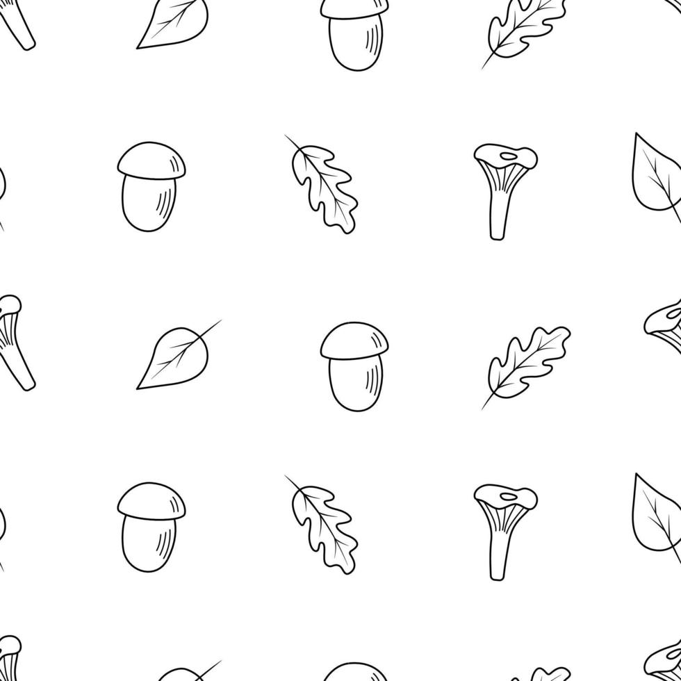 Seamless pattern Doodle set of tree leaves and mushrooms, autumn concept, vector illustration.