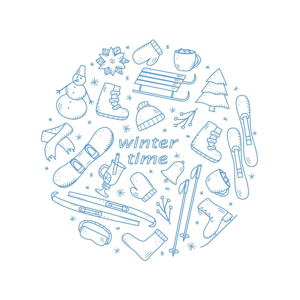 New Year and Christmas elements in the doodle style. Vector illustration of winter clothing, sports equipment, spruce, food and drinks. Winter vacation icons