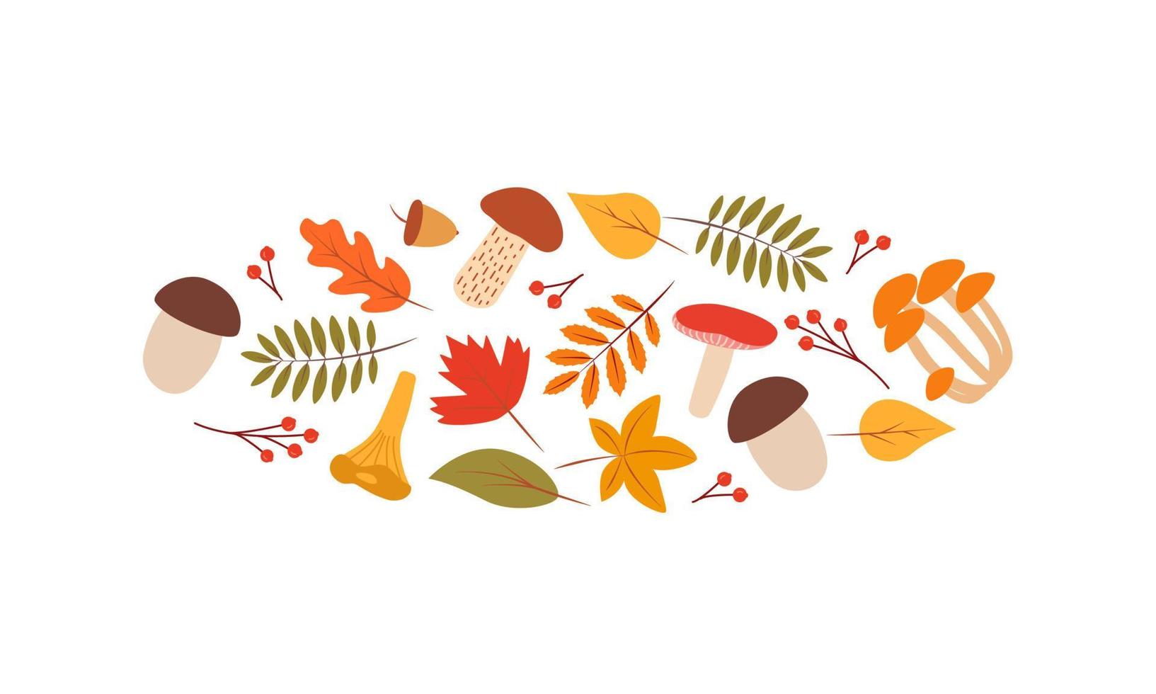 Doodle fall color set of tree leaves and mushrooms, autumn concept, vector illustration