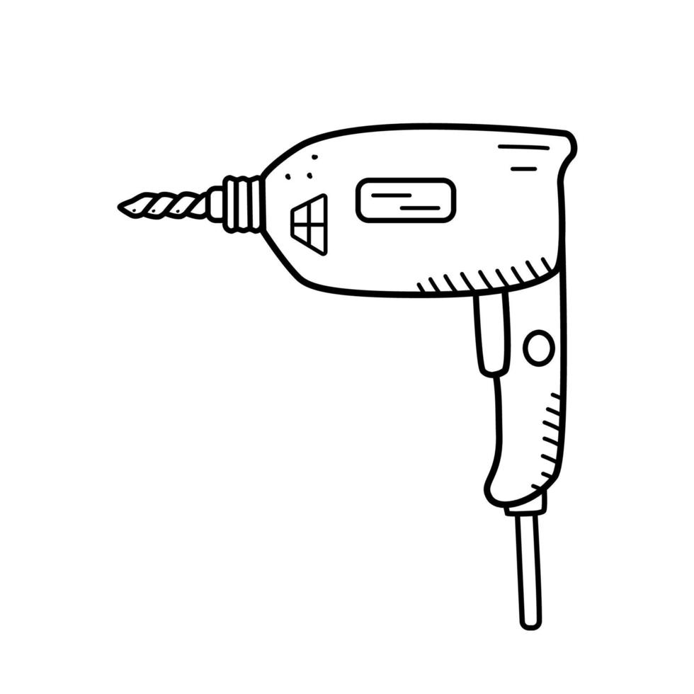 taladro eléctrico y broca, herramienta de construcción de vectores de garabatos, punzón de ilustración aislado en blanco.