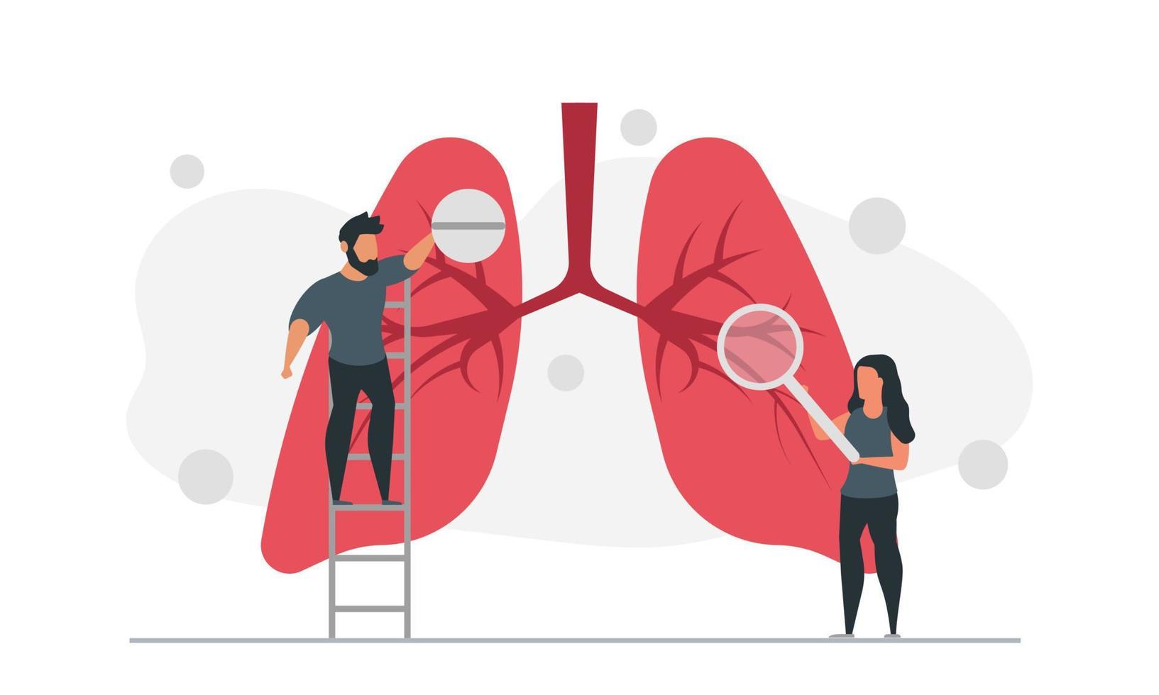 Man with pill and woman with magnifier treat lungs of people vector illustration