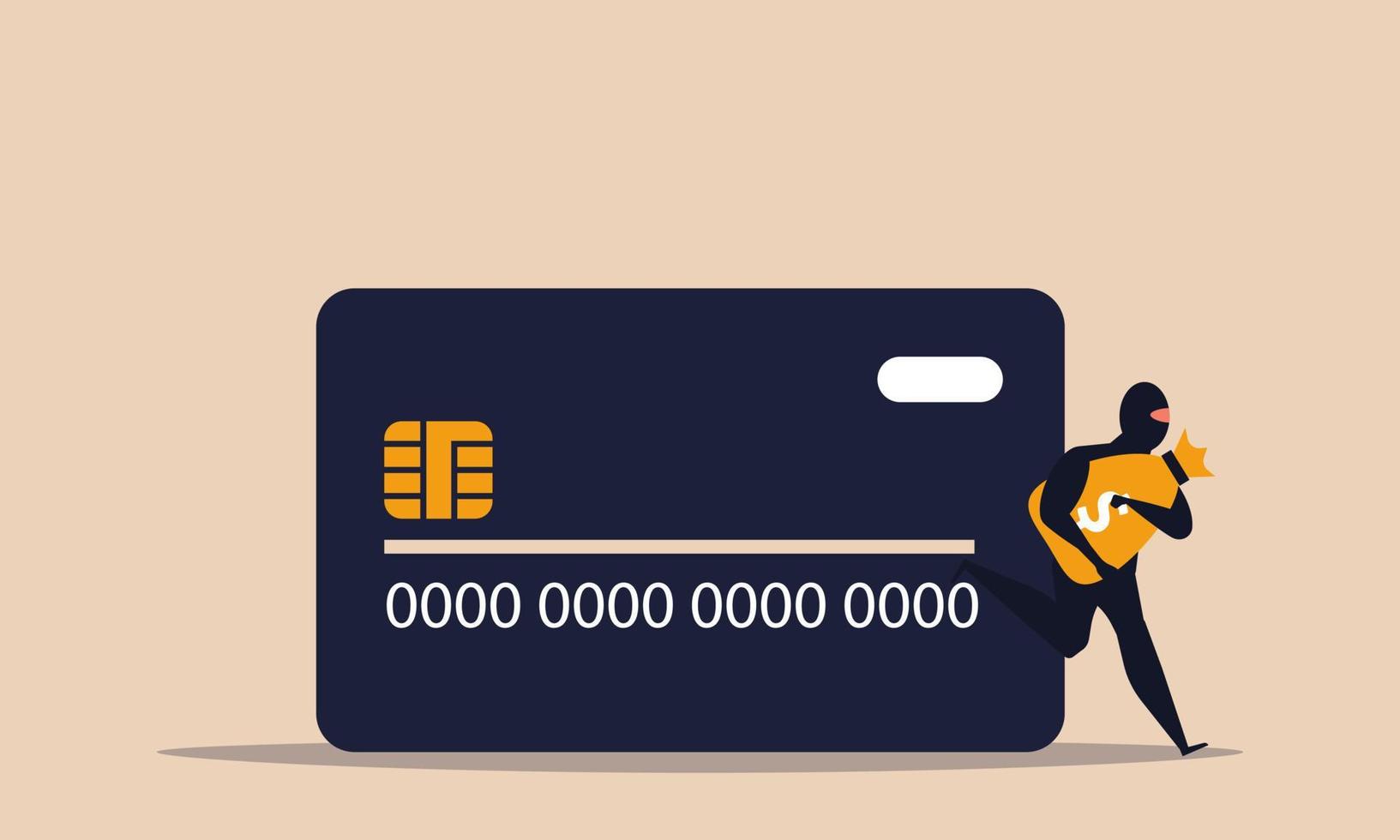 Data robbery and crime fraud with credit card and thief. Man with mask hack password and steal access vector illustration concept. Cartoon character bandit looting money. Internet protect and phishing