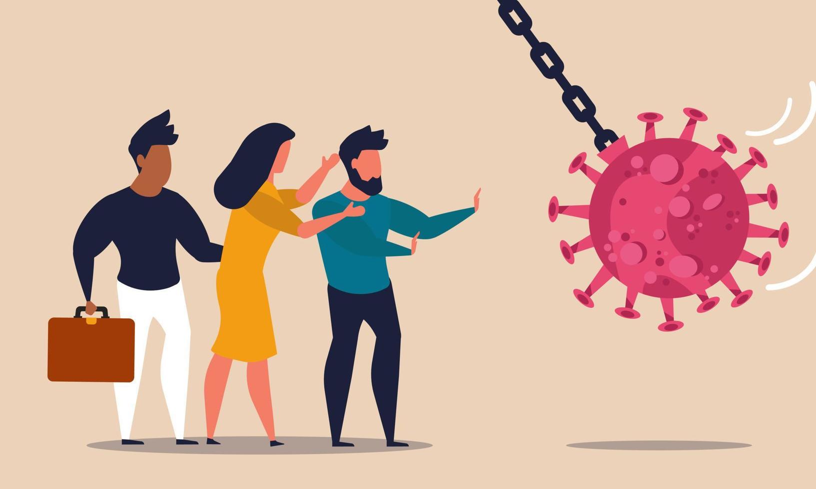 Business team of the company as a shield against the corona. Economic insurance health for vaccine people vector illustration. Pandemic attack and stimulus group employee. Safety colleague and protect