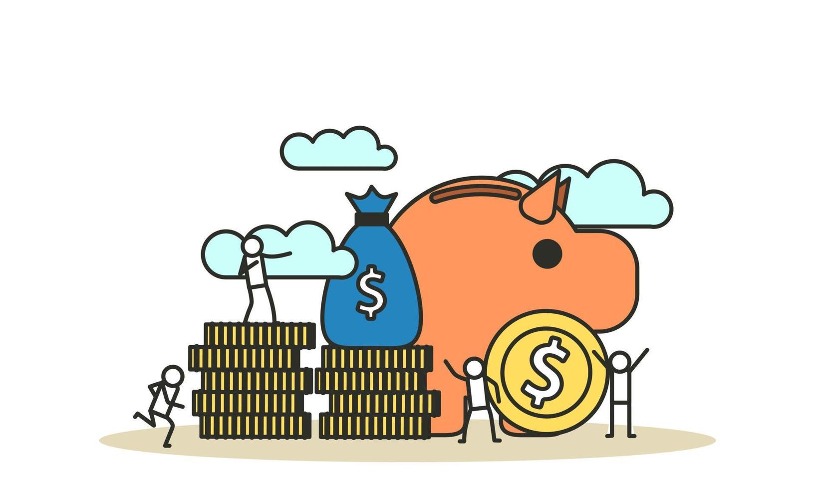 dinero financiero banco piggy vector personas ilustración vector con monedas de oro y bolsa de dinero. depósito de creación de cuenta de inversión de institución plana comercial. riqueza de fondo de concepto de efectivo bancario