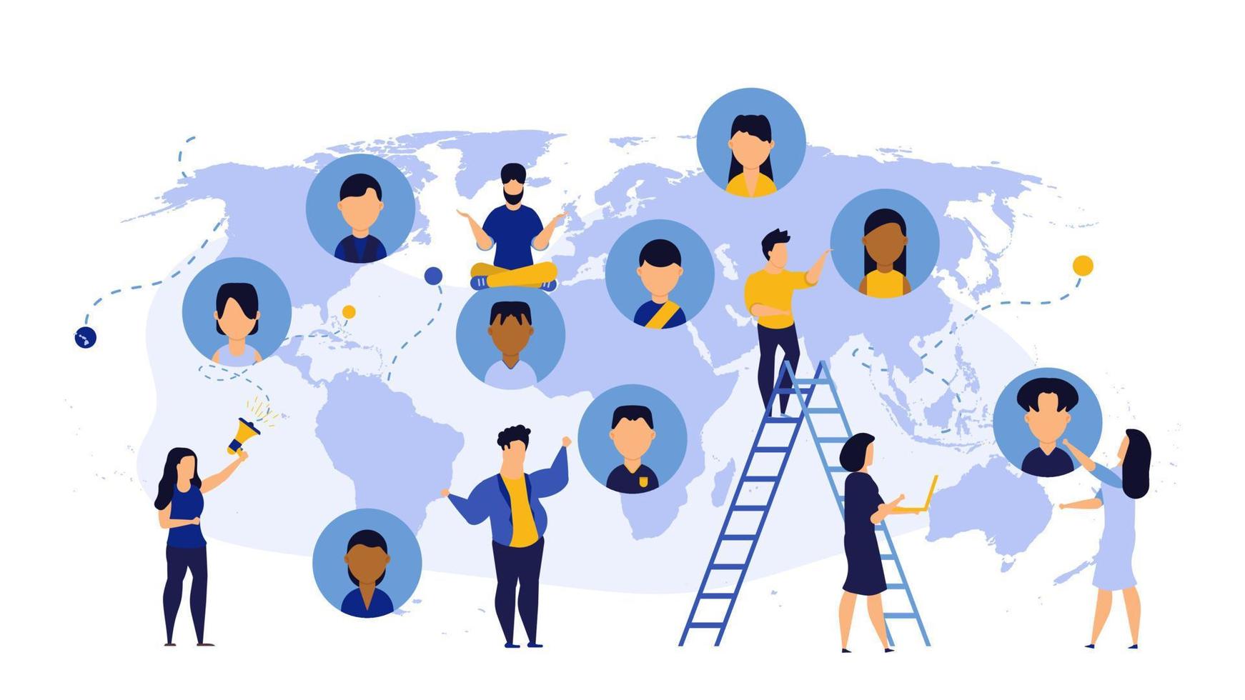 World business Earth map global technology consulting team. Cooperation globe idea teamwork with man and woman vector concept illustration background. Businessperson group coworker banner worldwide