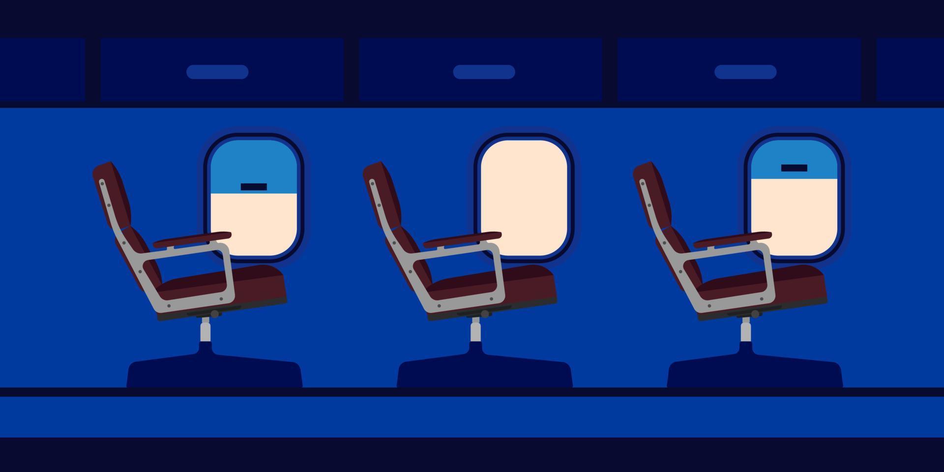 vector de ilustración de asiento de pasajero de cabina de avión. jet interior de dibujos animados de aviones de viaje azul con ventana. silla plana dentro del pasillo del salón de clase económica. recorrido en avión.