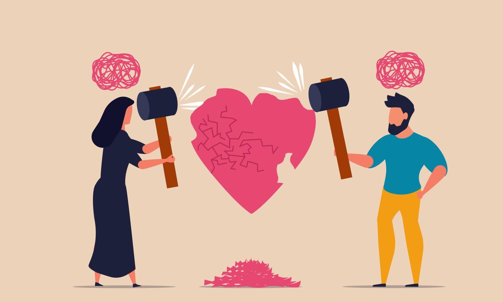 Family violence and breakup couple love people. Divorce with quarrel and anger conflict vector illustration concept. Woman and man damage heart and domestic abuse. Problem married and loss disagree