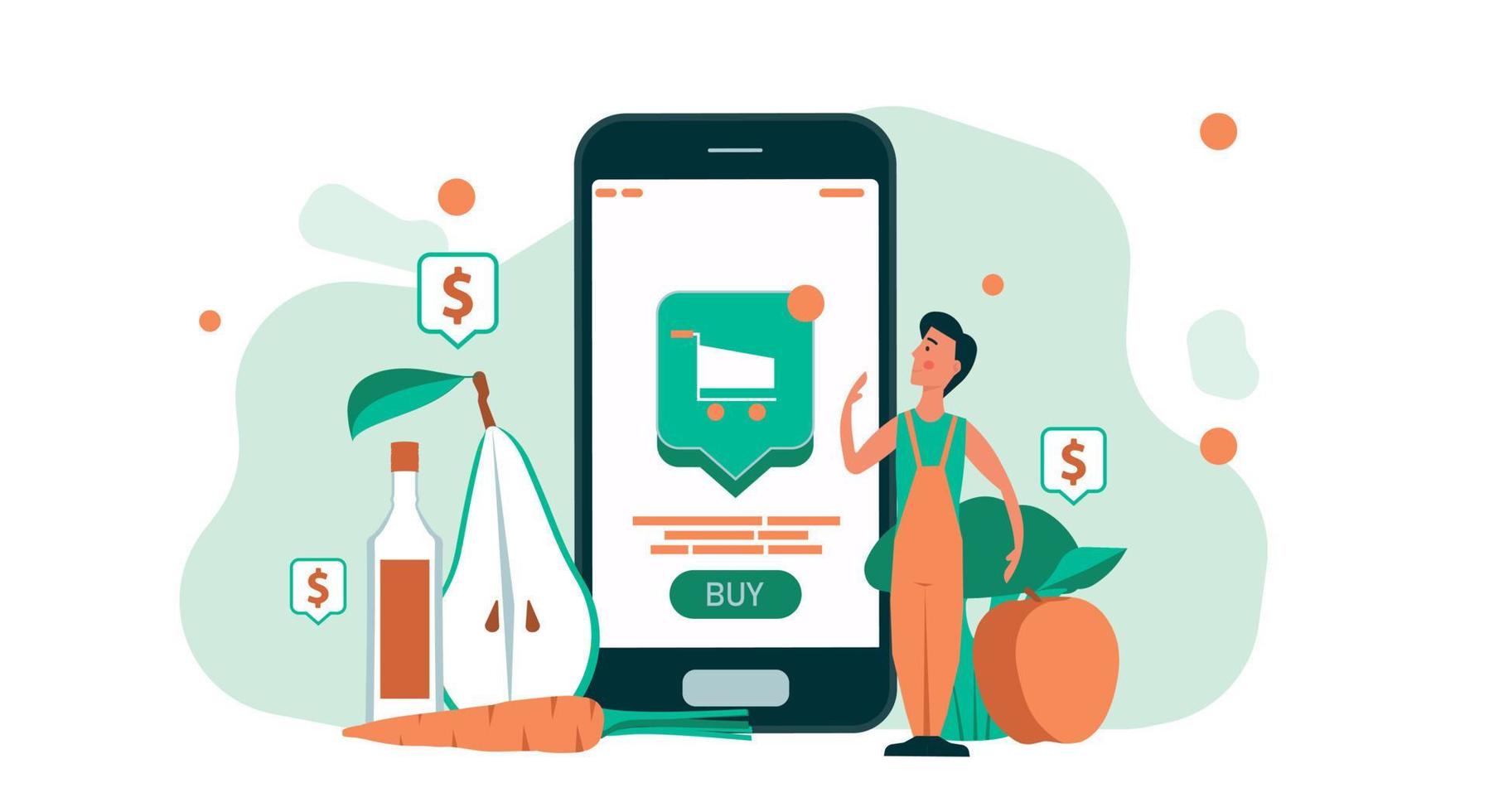 Man shopping grocery online with mobile store supermarket business. People with smartphone food delivery. Concept customer order internet from home service. Sale retail market commerce app phone vector