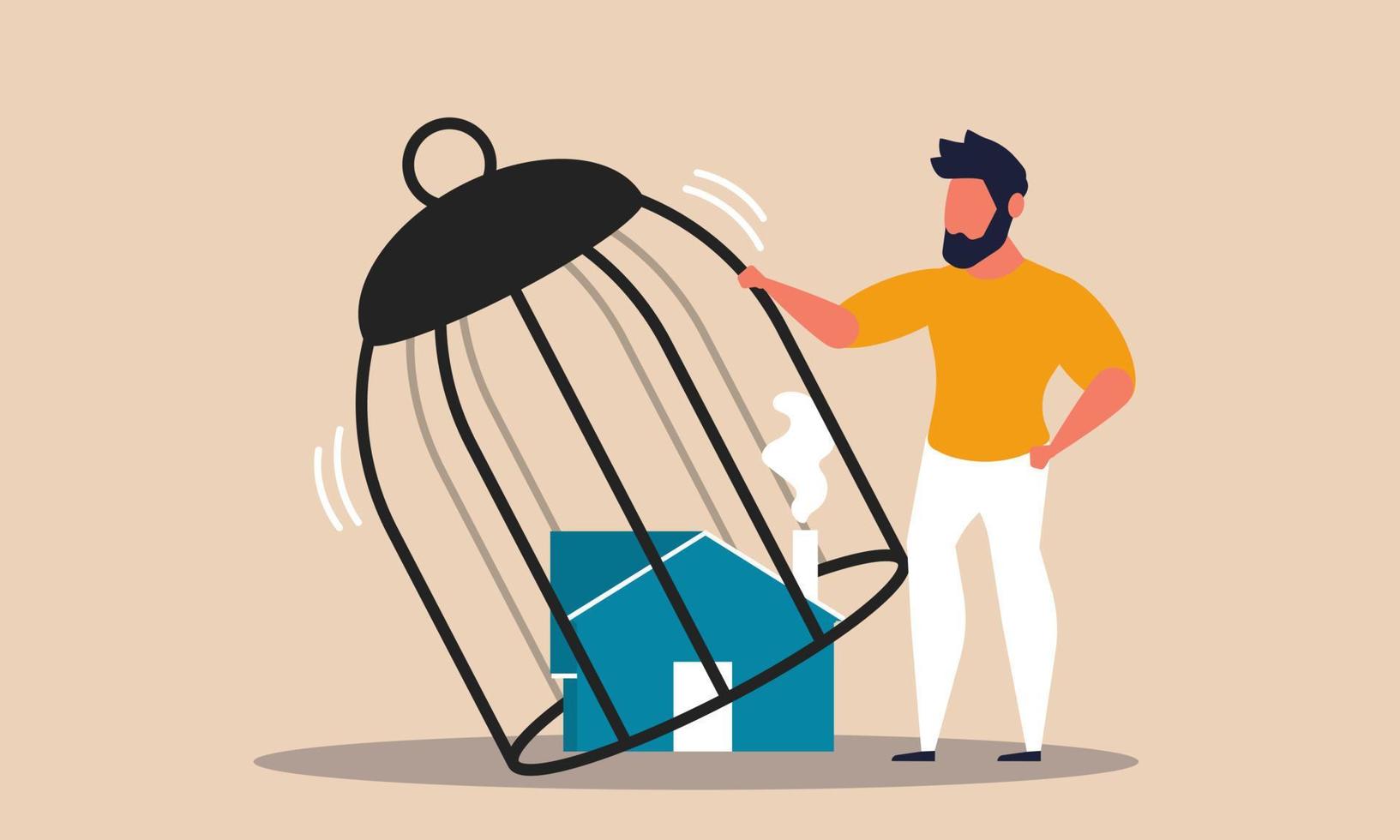 Reopen a business after a lockdown. Man opens and restarts the economy opened cage vector illustration. People have returned to normal life and the quarantine is over. People and financial condition
