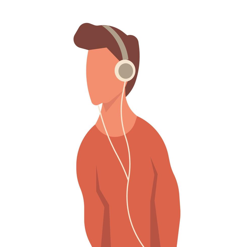 hombre con ilustración de vector de auriculares de música. chico masculino escuchando auriculares y estilo de vida sonoro. hombre de moda dj y avatar de personaje adolescente. dispositivo de entretenimiento tecnología móvil disfrute