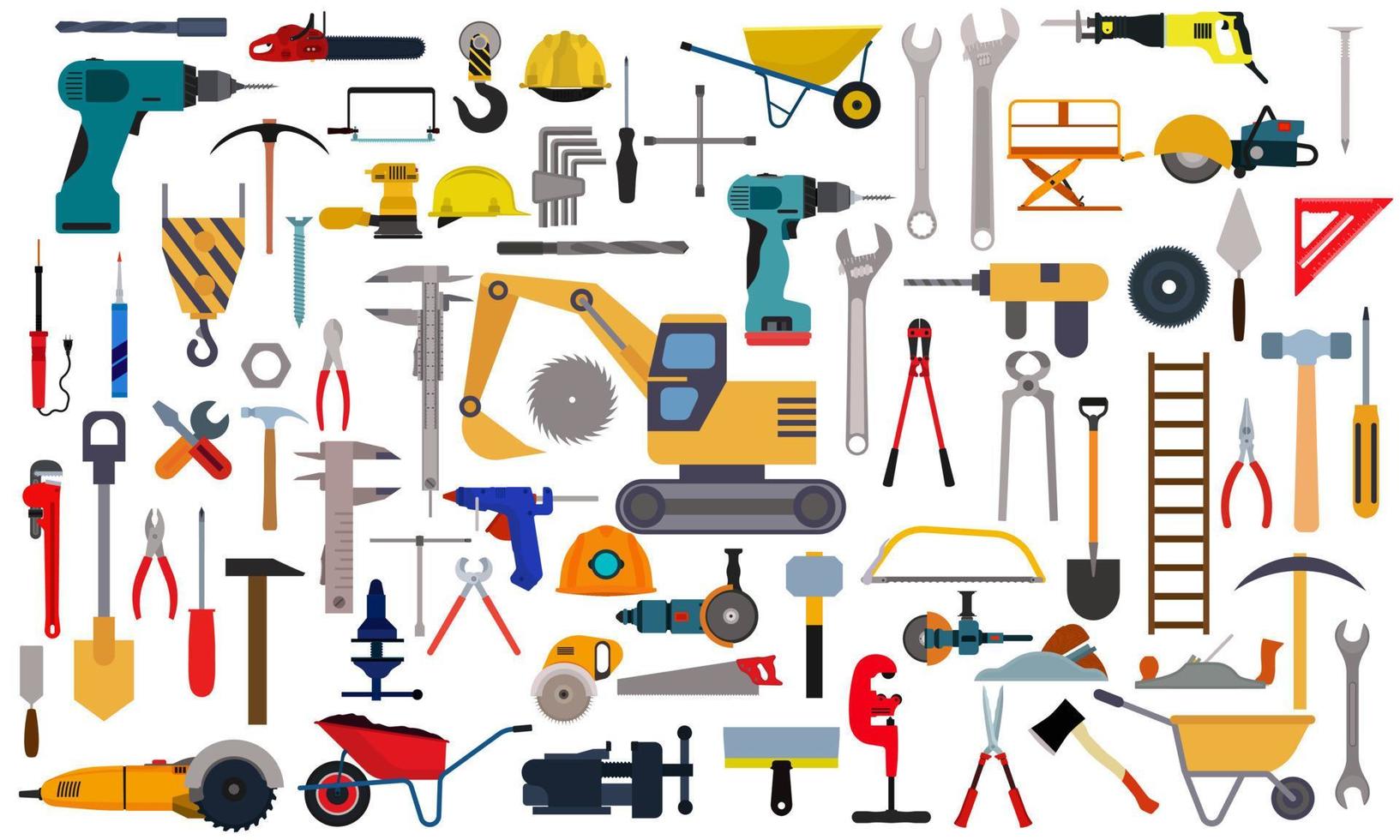 Repair tool icon service and setting work equipment sign isolated set. Construction workshop vector illustration. Fix mechanic symbol and engineering maintenance hardware. Industry instrument builder