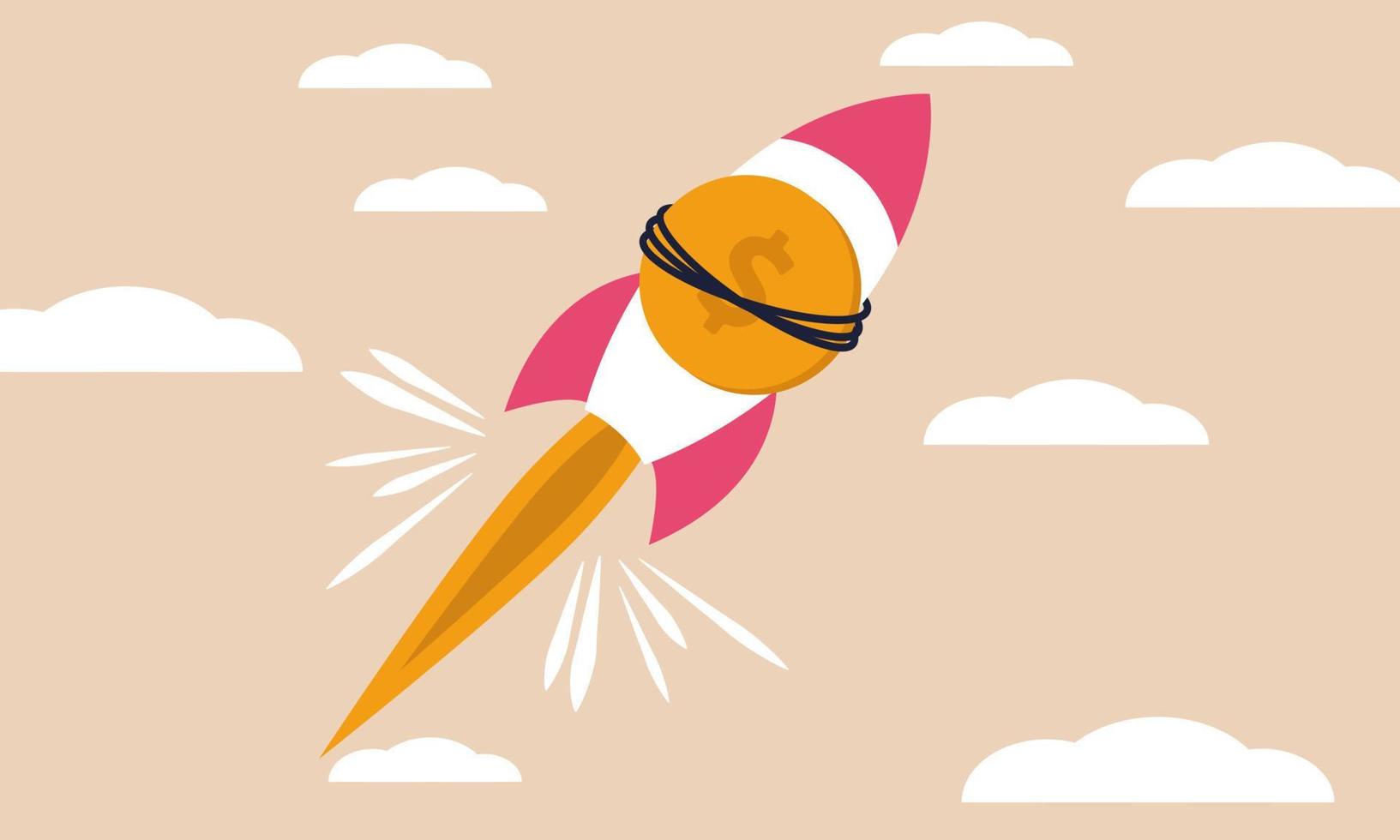Business fast cost and rocket boost launch with coin. Market strategy innovation and blast price vector illustration concept. Money earnings and growing wealth. Investment higher success and salary