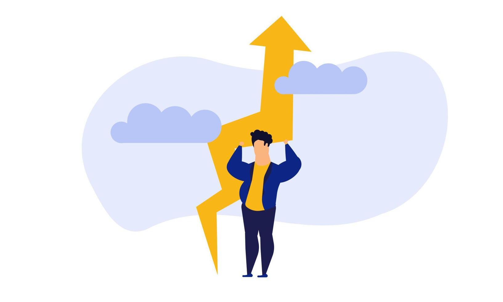 Business analytics in cloud arrow vector leadership company. People challenge teamwork up. Flat job marketing concept illustration. Growth with rocket investment service. Man trend result