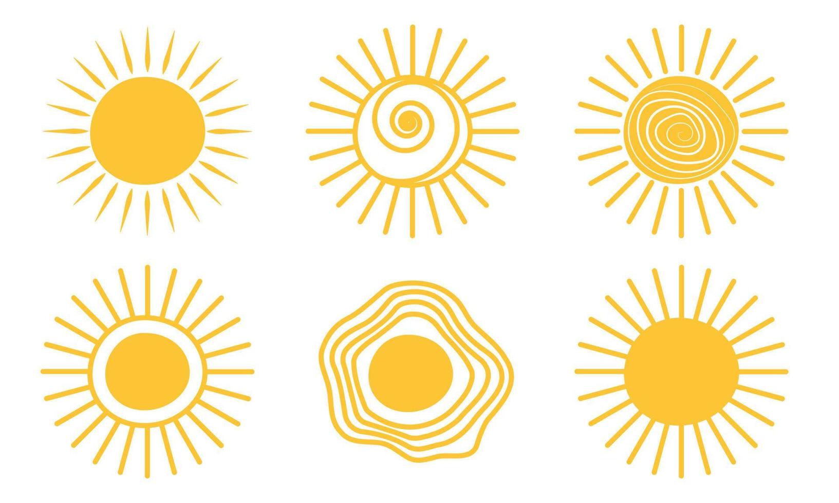 icono del logotipo del sol del garabato amarillo sol. juego de dibujo de estrellas cálidas. sol caliente garabato verano garabato dibujado a mano sol vector ilustración aislado blanco