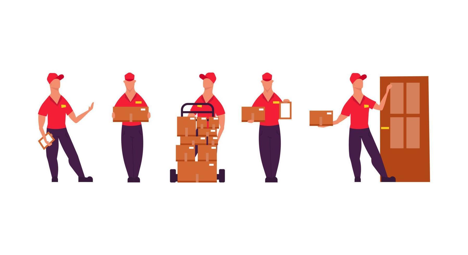 vector de ilustración de personas de trabajadores de entrega con servicio de caja. hombre de negocios en logística de trabajo de envío de mensajería uniforme. carácter expreso de carga aislado. concepto de publicación de pedido de contenedor de correo