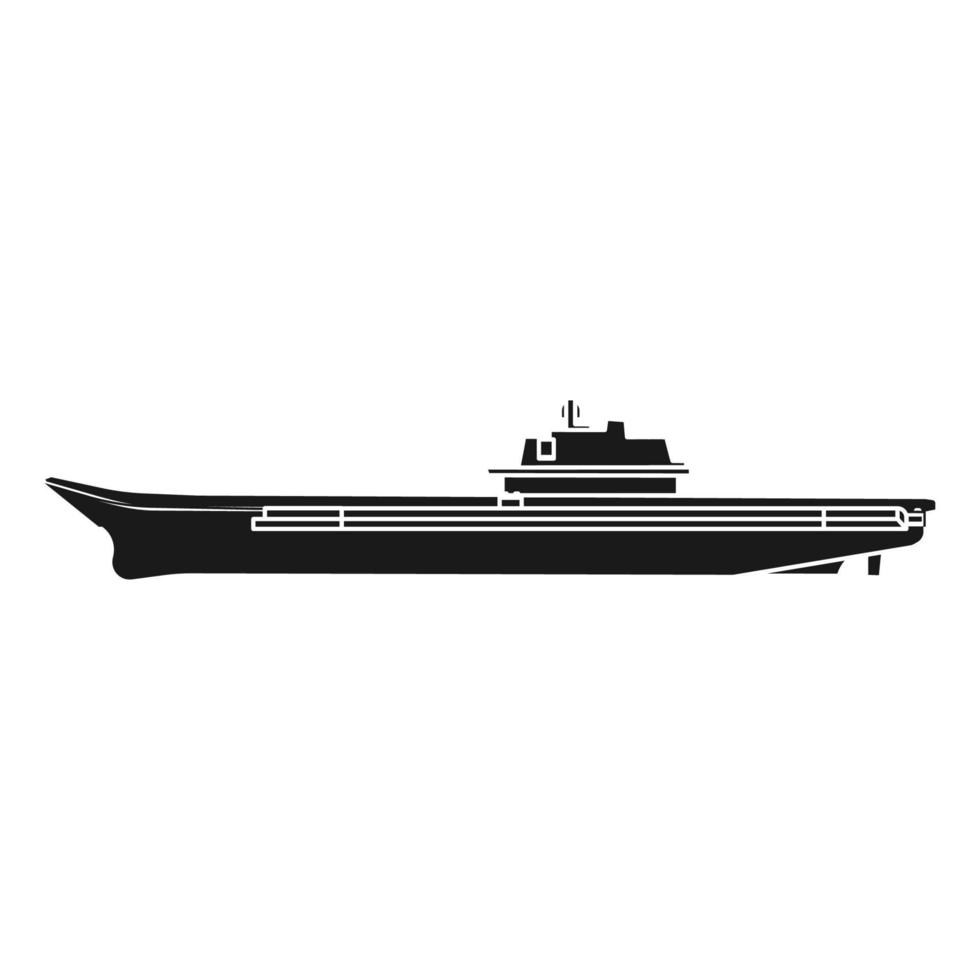 Aircraft carrier military ship vector icon illustration solid black. Navy warship with weapon and plane. Battleship war transportation fighter isolated white